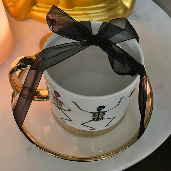 ELEGANCE Skeletons Cup And Saucer Set Black And White W/Gold Trim 🖤💛💀💛🖤 - Picture 3 of 7